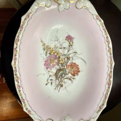 13”German Antique White Gilt Gold oblong serving dish. Colorful chrysanthemums