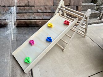 3 in 1 kids climbing triangle, rock wall, slide One side of slide has been super glued still works  