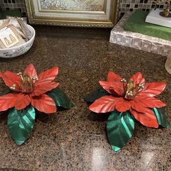 Spectacular Set Of Vintage Poinsettia Taper Candle Holders In Box
