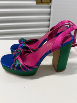 Shoe Envy Multi-Color Satin Platform Block Heels Pink Blue Green Size 6.5