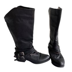 PIERRE DUMAS Boots Black Moto Buckles Chains Braided Straps Back Zip Size 9 EUC