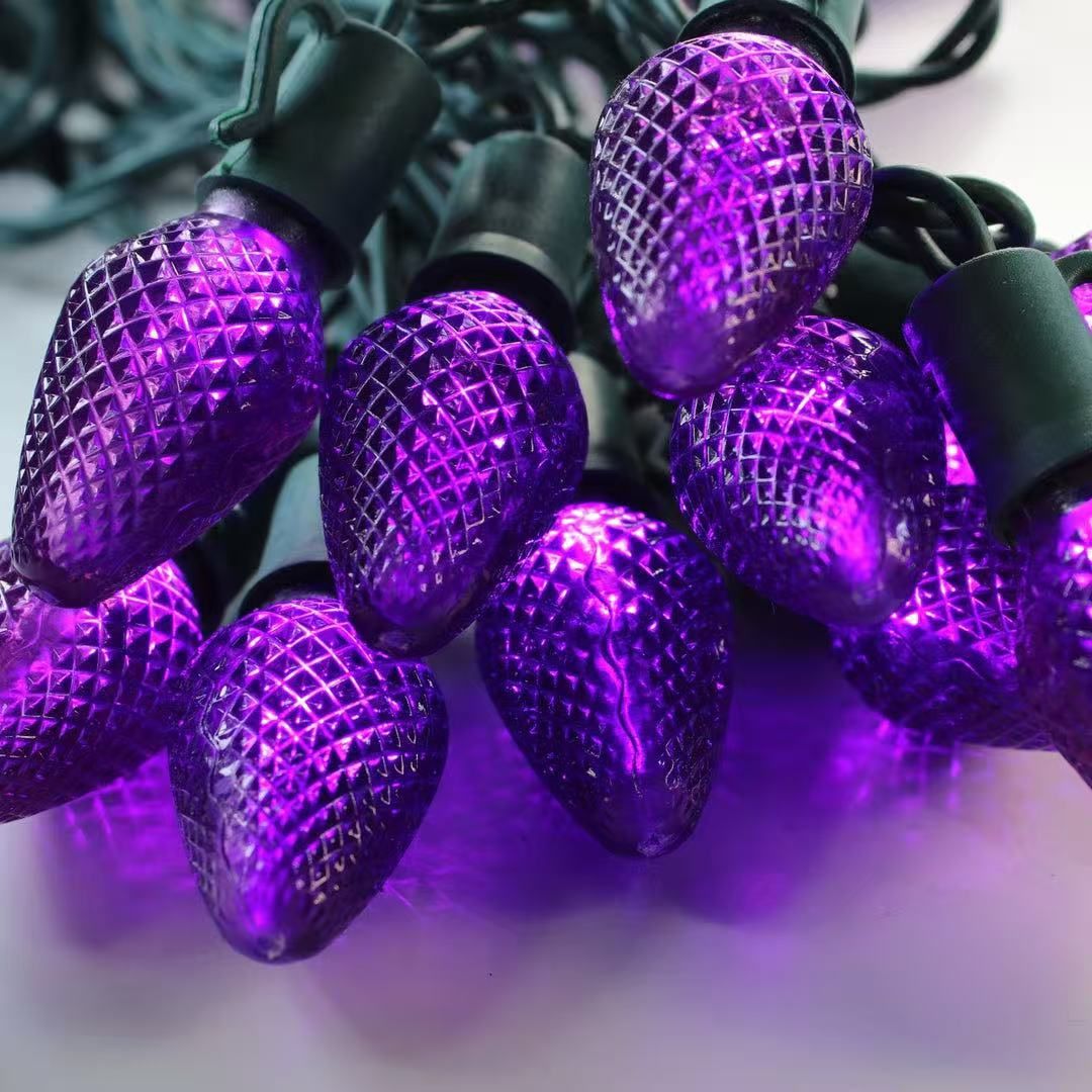 C9 Christmas Lights Purple, 50 LED 32FT Outdoor Hanging Christmas Roofline Lights for Outdoor Patio Decor, Colored, Dark Green Wire,End to End(Purple)