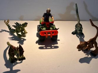 Fisher-Price Imaginext Jurassic World ATV Vehicle & Human Lot with 4 Dinosaurs