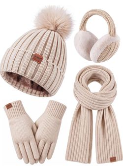 Womens Winter Hat Scarf Gloves Earmuffs Set, Pom Pom Beanie Long Scarf Touchscreen Gloves Ear Warmer, 4 Piece Warm Gift Set