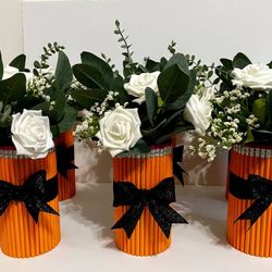 Six Cylinder Pencil Vases with White Roses and Eucalyptus Stems and Black Glitter Ribbon Bows