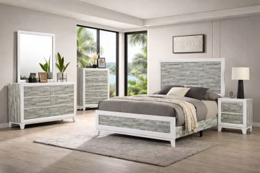 modern grey wood and white trim Queen bed