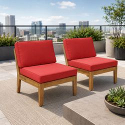 Set of 2 - Outdoor Patio Acacia Wood Armless Chairs w/ Red Cushions [NEW] **Retails for $500 <Assembly Req>