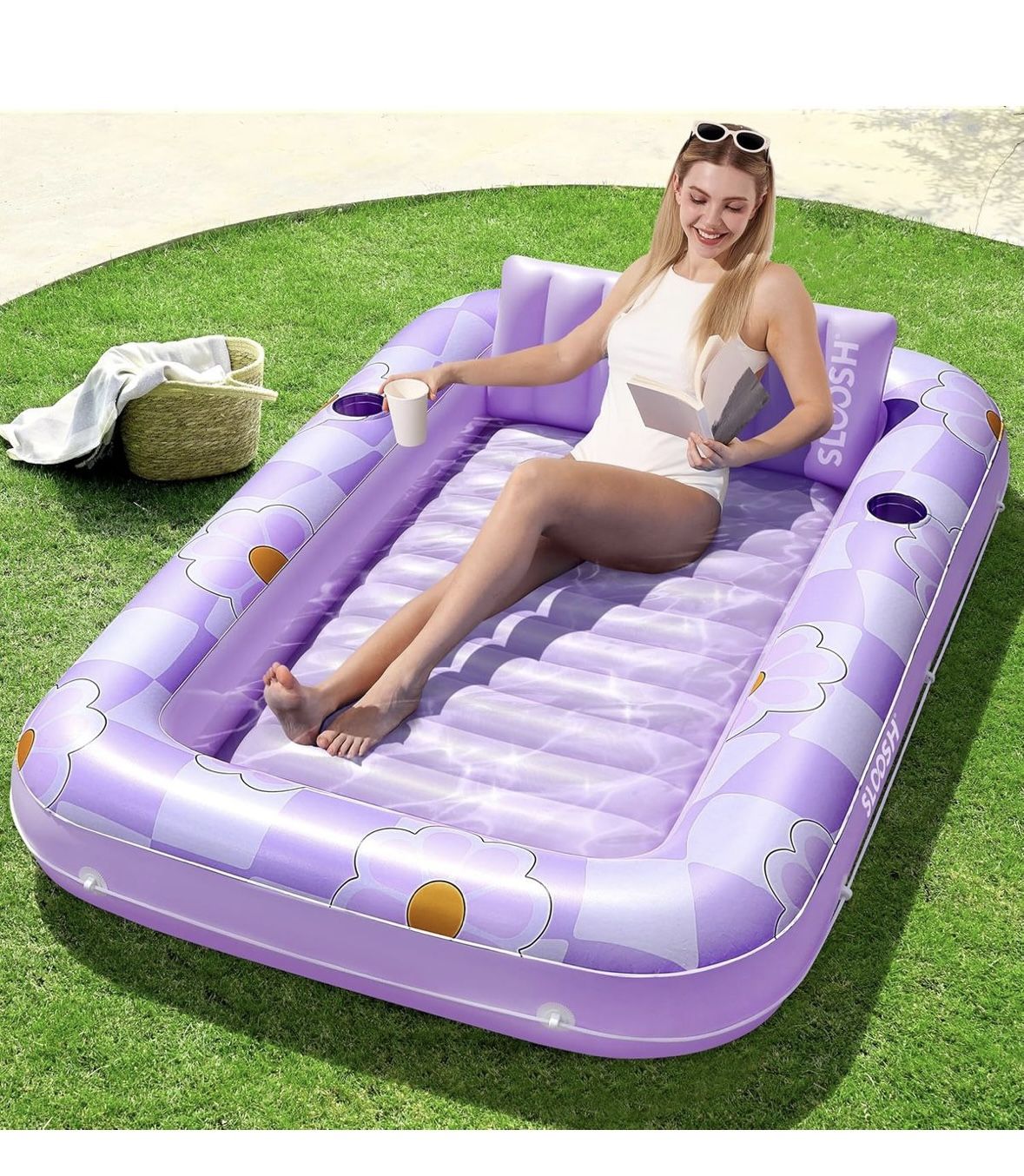 SLOOSH Inflatable Tanning Pool Lounger Float, 70" x 46" Pool Floats Adult with Pillow, 4 in 1 Suntan Tub Raft Floatie, Sunbathing Bed Lounge for Water