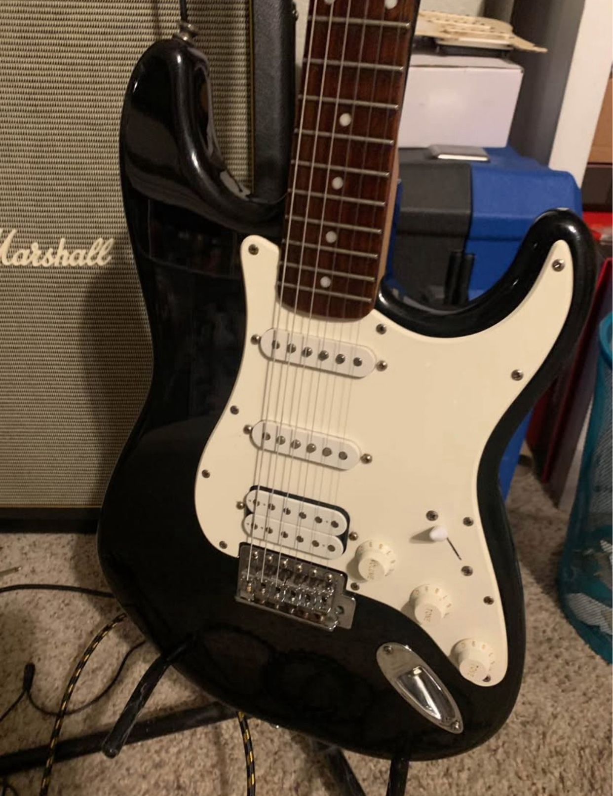 2003 Fender Starcaster HSS Stratocaster / Strat Electric Guitar - Rare Arrowhead Headstock - Black Metalflake