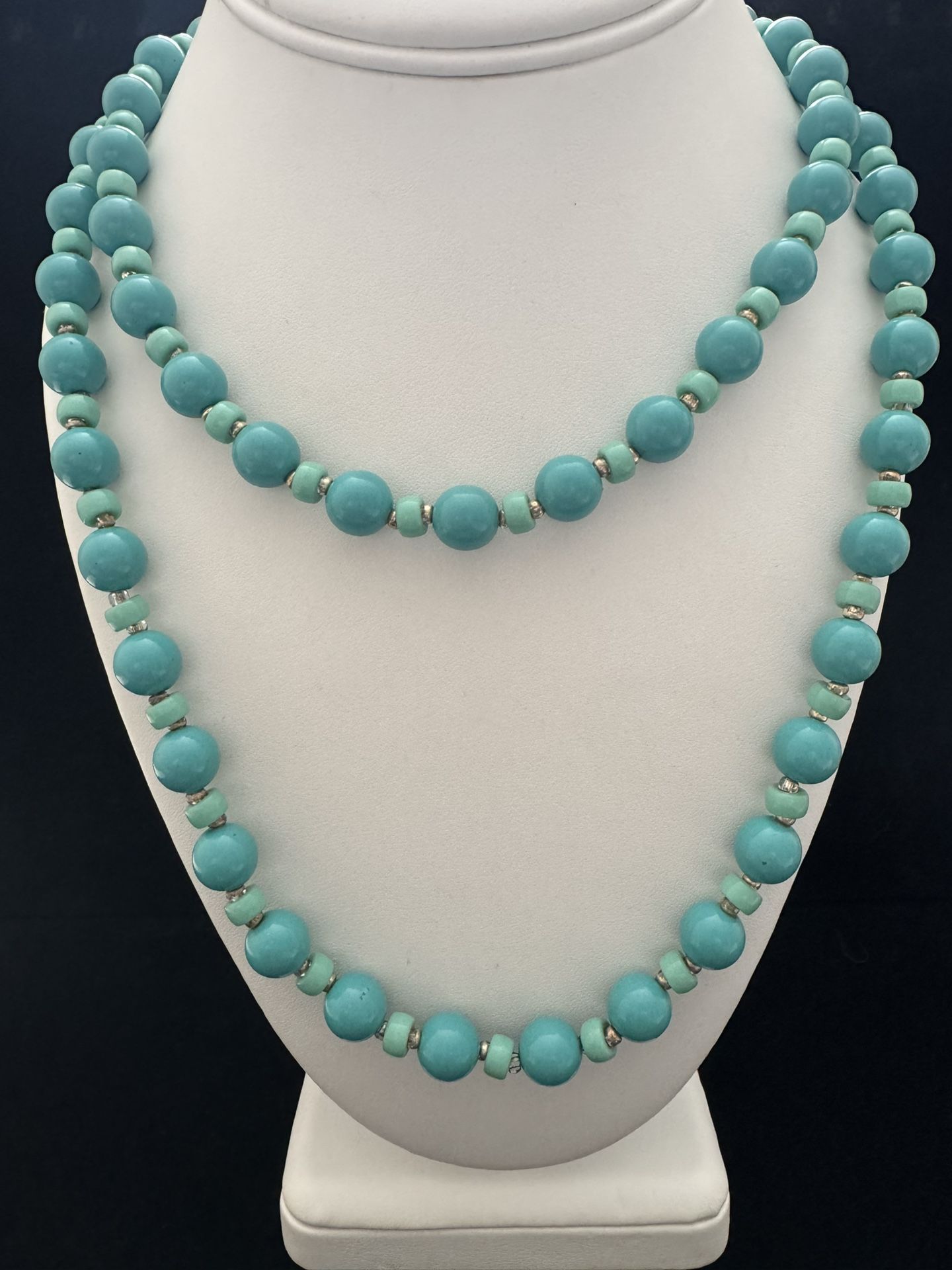 Joan Rivers Silver Tone Faux Turquoise Beaded Necklace ~46"