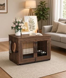 38 inch Wooden Dog Crate Furniture with 360° Rotatable Removable Dog Bowls, Dog Crate End Table with Tray, Double Doors Dog Kennels Indoor for Small t