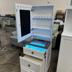 Small Vanity Desk with Mirror and Lights, Modern Glass Top Dressing Table