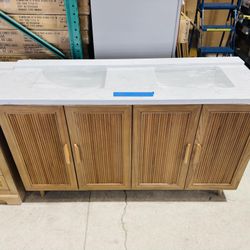 60” Sunflower Bathroom Vanity in teak color , double sink soft close solid wood with vanity top in white  $989 