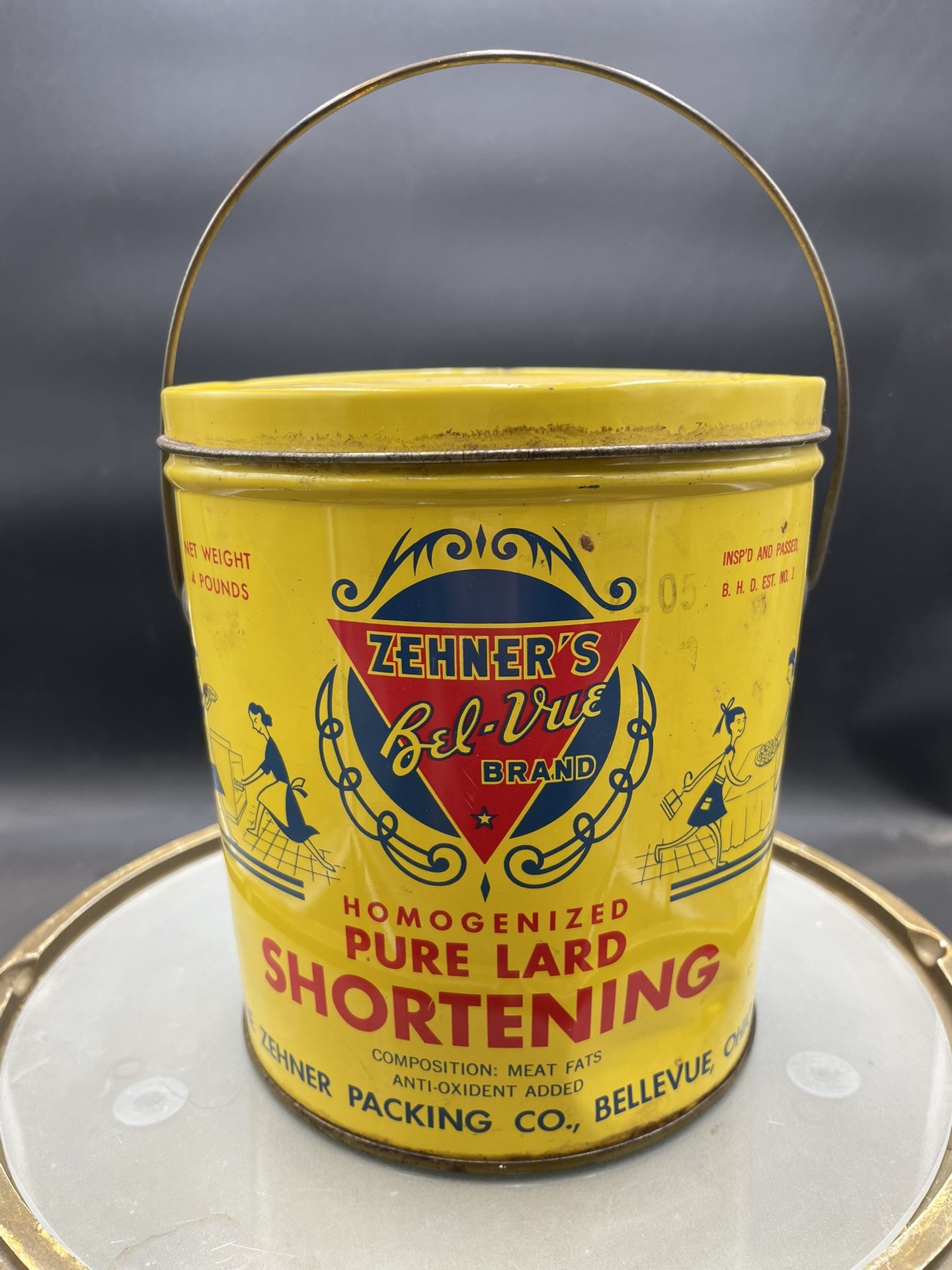 Vintage 50's Advertising ZEHNER'S PACKING CO BEL-VUE Lard Can 4LB Bellevue Ohio