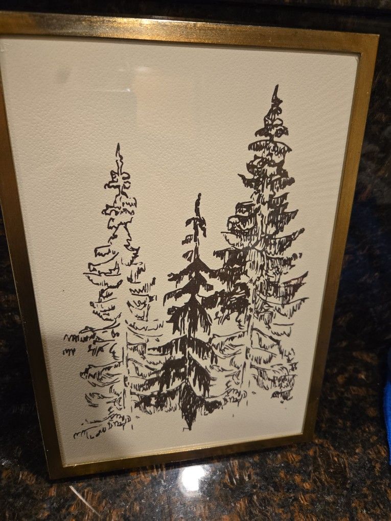 Pine Tree Wall Art – Minimalist Line Drawing – Framed