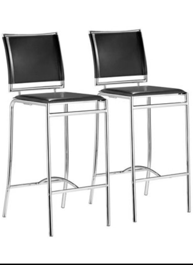 New Set of 2 Barstool Chairs - Black Leather Upholstery with Chrome Metal