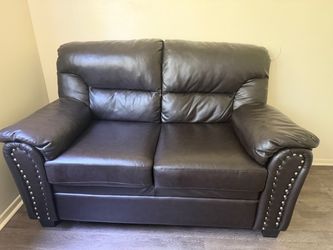 Dark Brown Leather Loveseat with Nailhead Trim