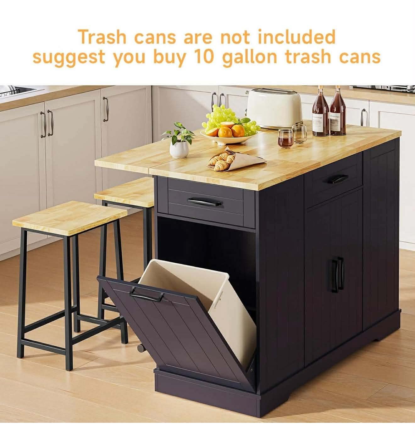 Kitchen Islands Include 2 Chairs, 47" with Drop Leaf, with Spice Rack & Trash Cabinet, black W-15