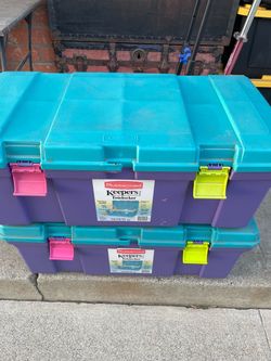 Vintage 1992 Rubbermaid Keepers Totelocker - Aqua Colorblock Storage Tote