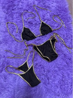 New Small black gold bikini swimsuit y2k goth emo festival outfit thong rave dance No size tag. Has scrunch bottom piece is old stock from early 2000s