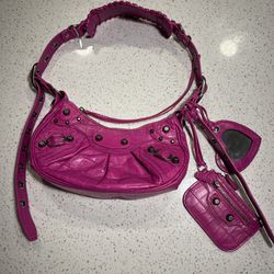 Balenciaga XS Cagole Croc-Embossed Zip Shoulder Bag (Lipstick Pink)