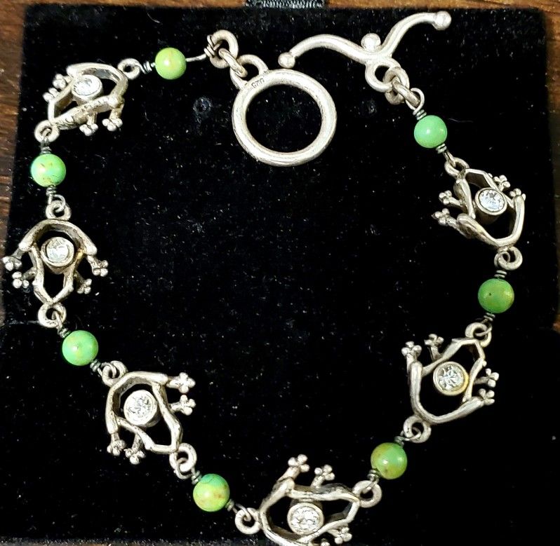 Vintage 1960's Sterling with Green Turquoise Frog Bracelet