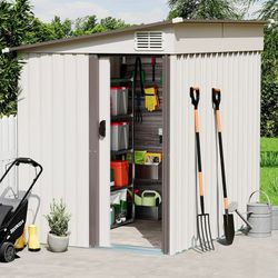 7x5 ft Outdoor Storage Shed with Sliding Lockable Door and Vents, Metal Garden Shed Tool Bike Shed Pet House Garbage Room for Backyard, Patio, Lawn, W