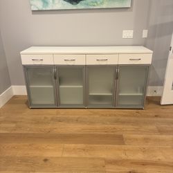 Maverick office storage credenza with a white top and frosted glass doors