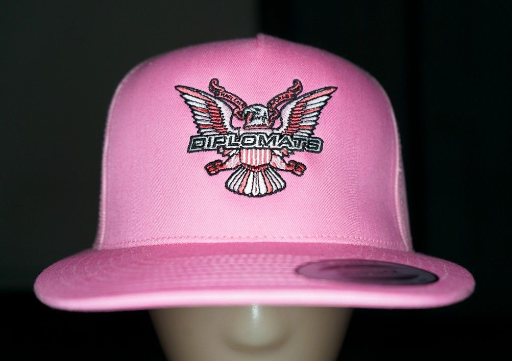 Diplomats Logo Embroidered Snapback Trucker Hat in Pink, Camron, Jim Jones, Juelz Santana, New York Hip Hop 2000s