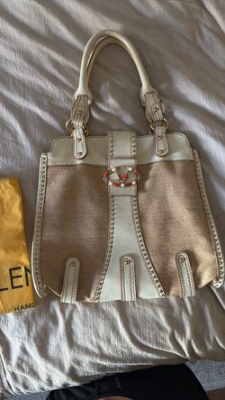 Tan and White Structured Handbag with Jeweled Emblem