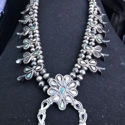 Vintage Sterling Multi Stone Squash Blossom Necklace 