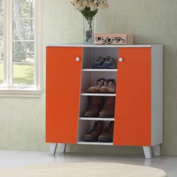 Orange and White Wooden Storage Shoe Cabinet Organizer Stand with 2 Doors, 10 Shelves