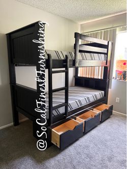 New twin bunk bed and mattress with drawers