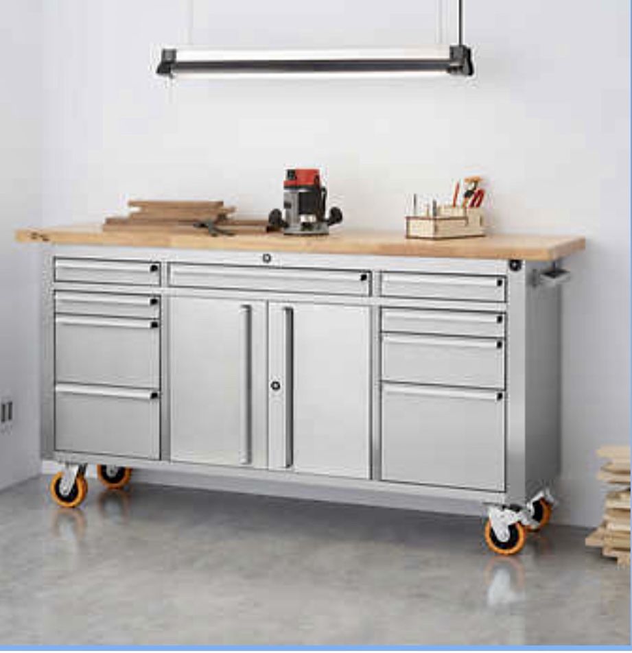 Brand New TRINITY PRO 72" Stainless Steel Rolling Workbench with Adjustable-Height Top