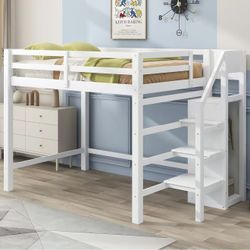 Brand new Full Size Loft Bed with Stairs and Built-in Storage Wardrobe, Wood Loft Bed Frame with Storage Shelves and Hanging Rod White Loft Beds for K