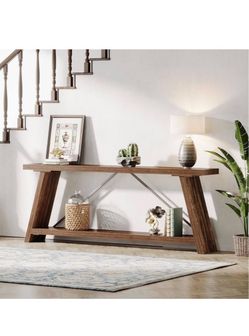 71” Rustic Brown Console Table with Storage Shelves �