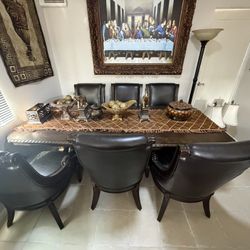 Luxury Solid Wood Dining Table Set – 6 Leather Chairs – Elegant Traditional Style