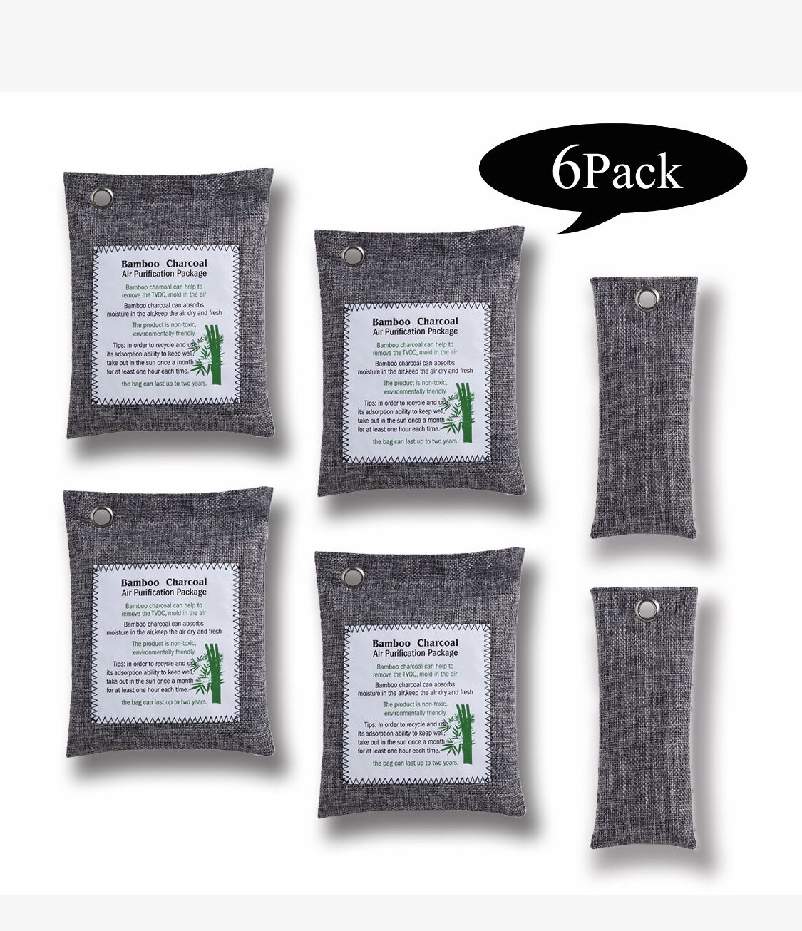 6Pack Natural Bamboo Activated Charcoal Air Purifying Bags, Odor Eliminator, Shoe Deodorizer