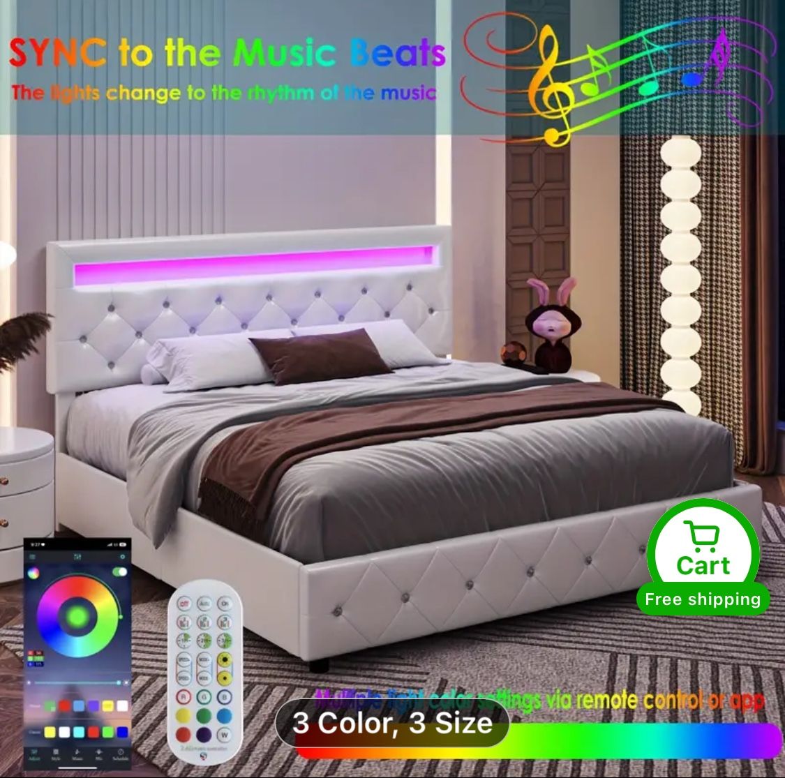 Full/Queen/King Size Luxury Upholstered Platform Bed Frame with LED Lights, Crystal Button Tufted Headboard, 4 Spacious Drawers, and No Box Spring Nee