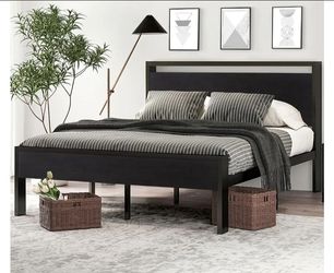 SHA CERLIN 14 Inch Queen Size Metal Platform Bed Frame with Wooden Headboard and Footboard, Mattress Foundation, No Box Spring Needed, Large Under Bed