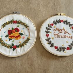 8” Circular Merry Christmas Handstitched Embroidery Wall Hangings