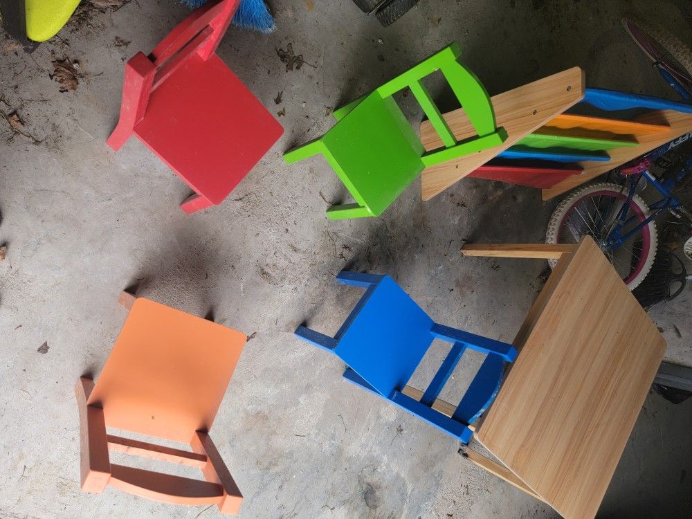 Two Daycare Tables With 4 Chairs Each And Book Holders 