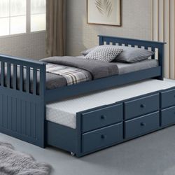 Brand New Blue Twin Size Bed w Trundle Bed + Drawers 