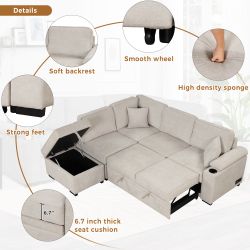84.75 Sleeper Sofa Bed,2 in 1 Pull Out sofa bed L Shape Couch with Storage Ottoman for Living Room,Bedroom Couch and Small Apartment, Beige