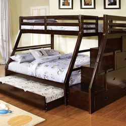 Brown Twin/ Full Bunk Bed w/ Trundle 🔥SALE🔥