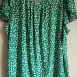 2X Adrianna Papell Women's Short-Sleeved Top Green & White Floral