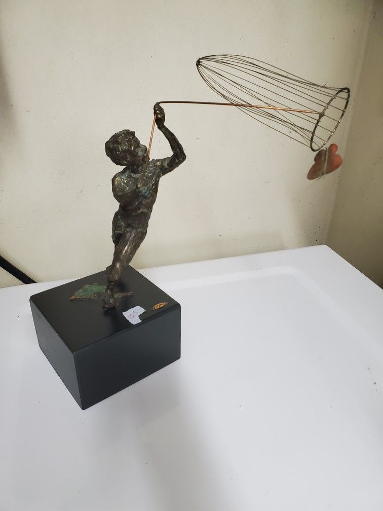 Bronze Boy With NET Catching Butterfly Sculpture Curtis Jere