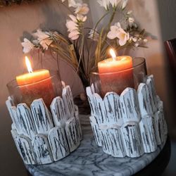 Pair White Washed Wooden Glass Candle/Plant. Inside or Outside on Your Patio, Candles NOT Included 