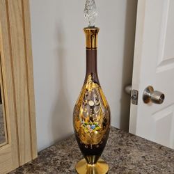 Vintage Amethyst Glass Bohemian Decanter and Stopper Enamel Flowers Gold Trim 