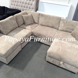 New! Reversible Chaise Camel Sectional Sofa Tan Sectional Couch Set Corduroy Fabric And Storage Ottoman Beige Small Living Room Space Saving Apartment
